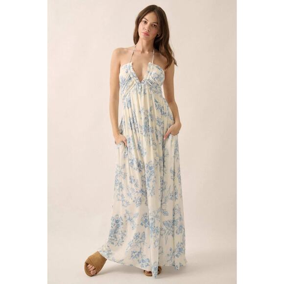 NEW Y2K French Babydoll Maxi Dress Ditzy Floral Cottagecore Boho Pockets Small - Picture 1 of 9